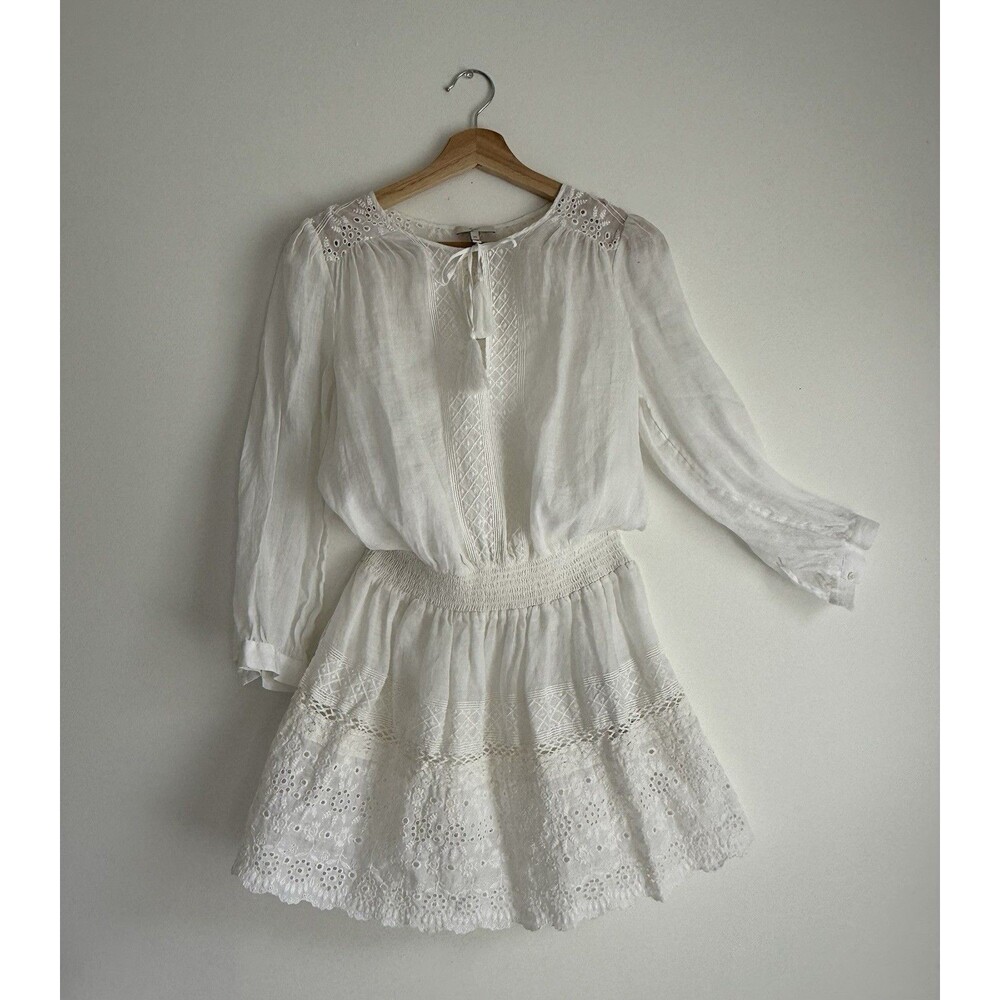 Joie White Embroidered Long Sleeve Mini Dress XS | 100% Ramie Cotton Lined